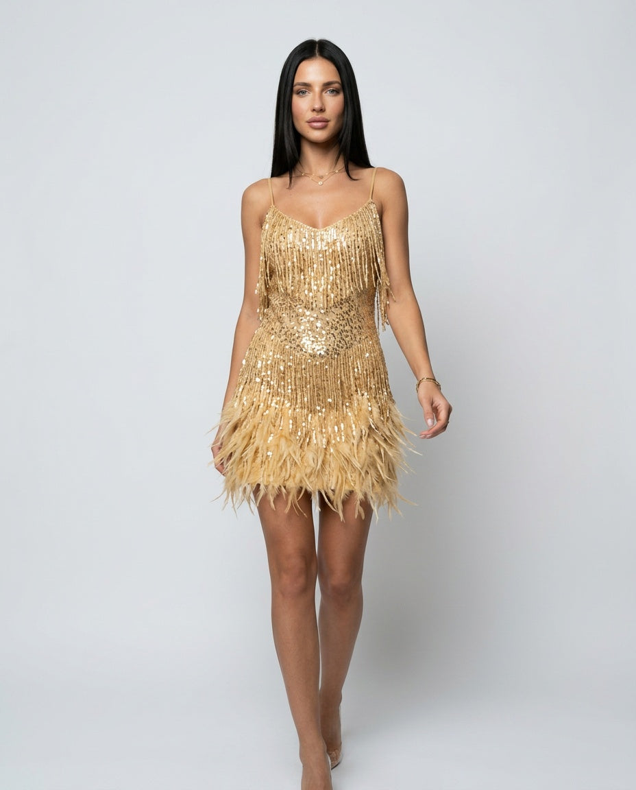 Florence | Polished Fringe Sequin Mini Dress with Feather Hem