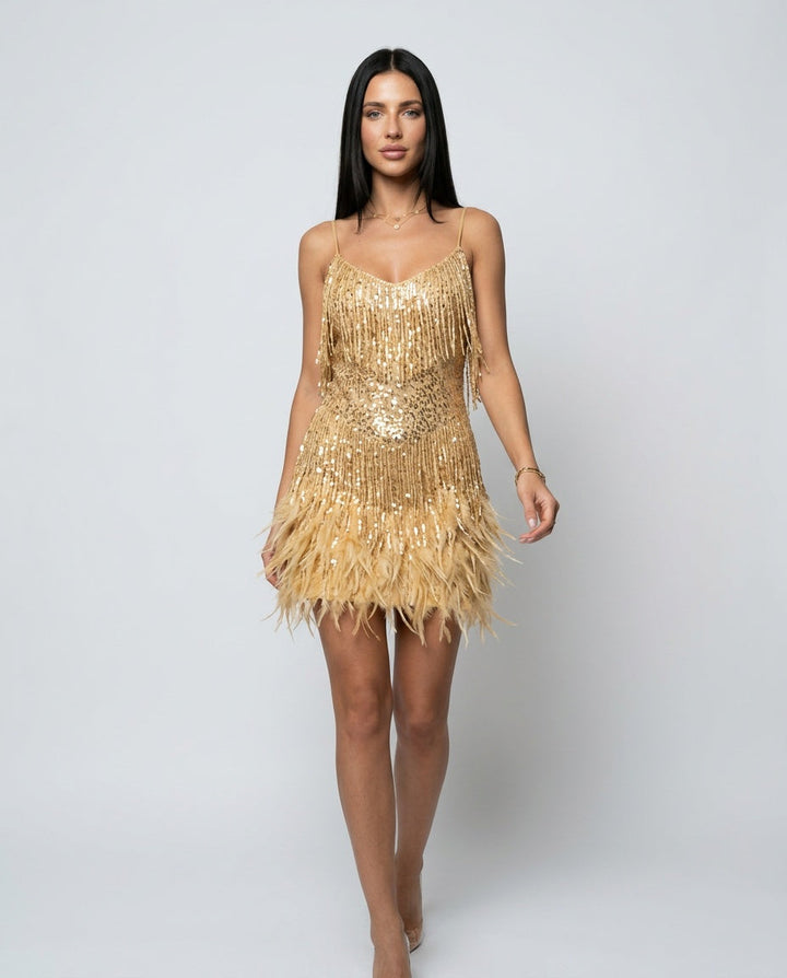 Florence | Polished Fringe Sequin Mini Dress with Feather Hem