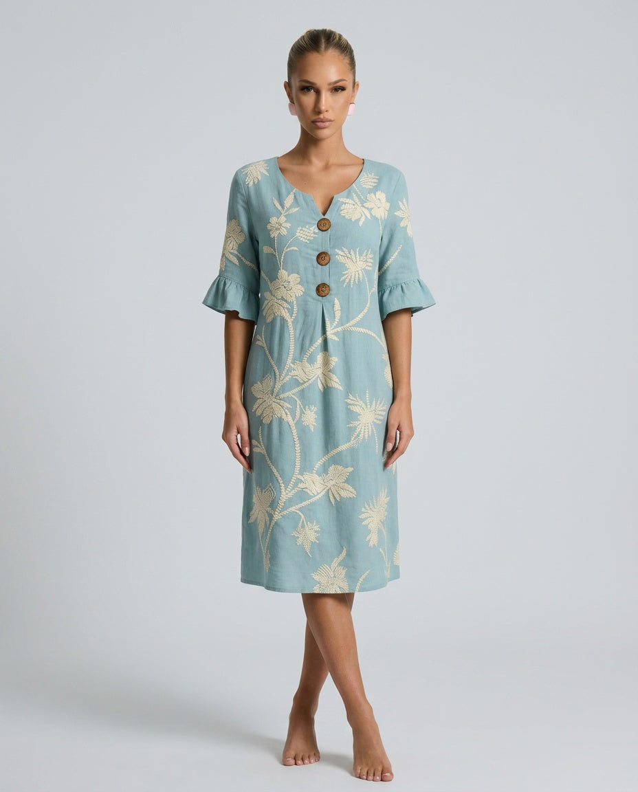 Florence | Stylish Embroidered Floral Linen Dress Midi