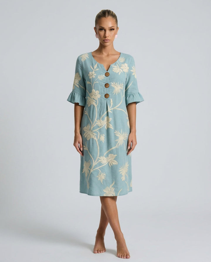 Florence | Stylish Embroidered Floral Linen Dress Midi