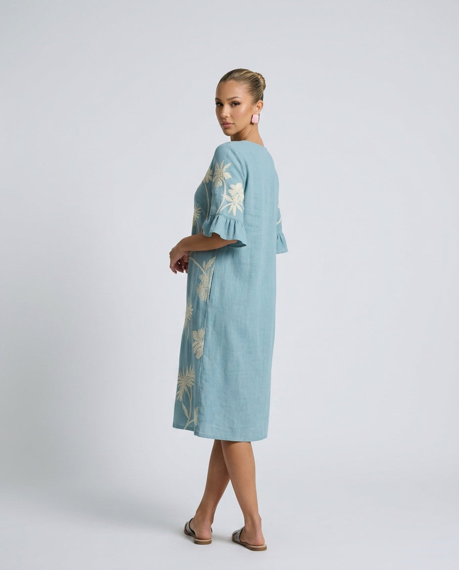 Florence | Stylish Embroidered Floral Linen Dress Midi