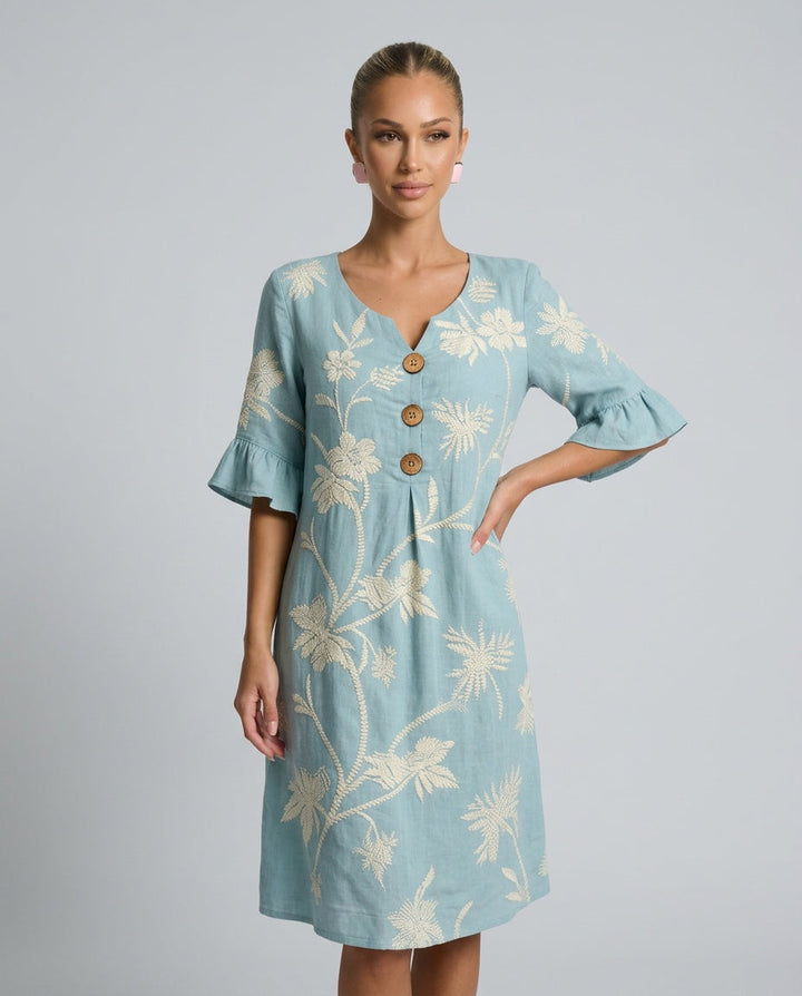 Florence | Stylish Embroidered Floral Linen Dress Midi