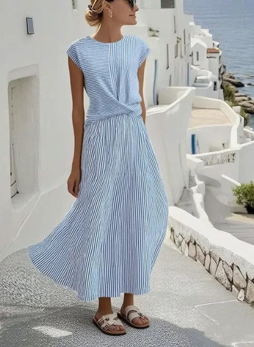 Frankie | Effortless Striped Twist Front Midi Linen Dress