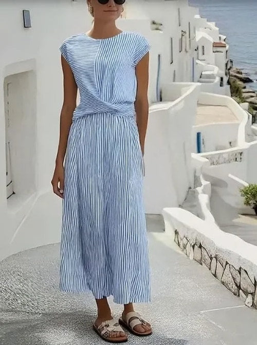 Frankie | Effortless Striped Twist Front Midi Linen Dress
