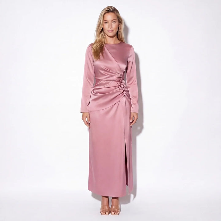 Frankie | Refined Long Sleeve Ruched Midi Party Dress