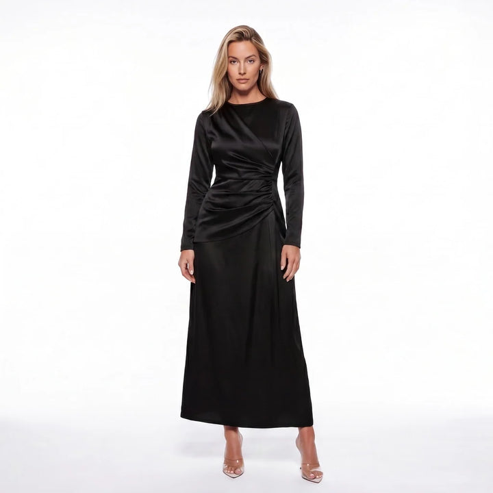 Frankie | Refined Long Sleeve Ruched Midi Party Dress