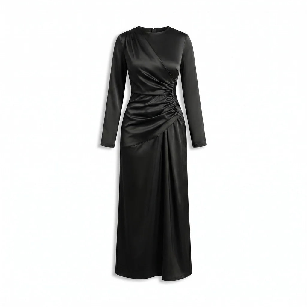 Frankie | Refined Long Sleeve Ruched Midi Party Dress