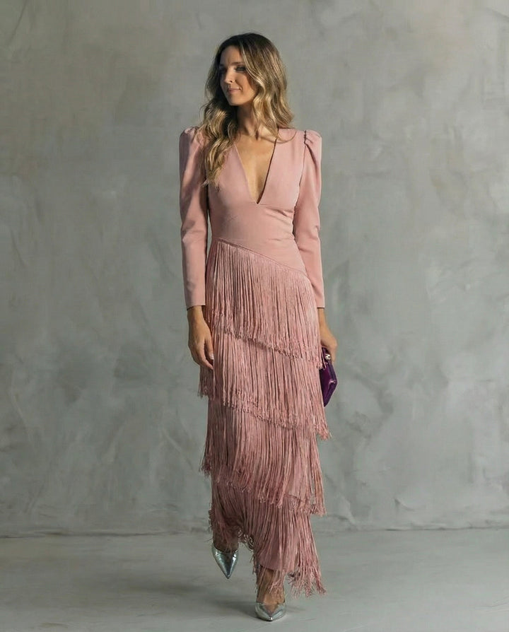Freya | Chic Tiered Fringe Maxi Race Dress