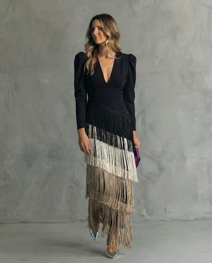Freya | Chic Tiered Fringe Maxi Race Dress