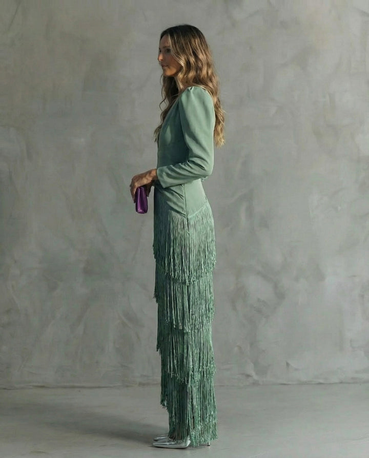 Freya | Chic Tiered Fringe Maxi Race Dress