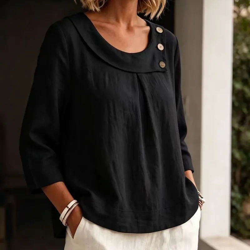 Freya | Refined Round Neck Linen Shirt with Button Detail