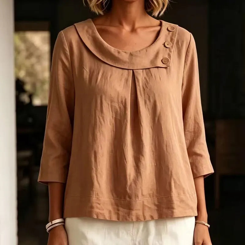 Freya | Refined Round Neck Linen Shirt with Button Detail