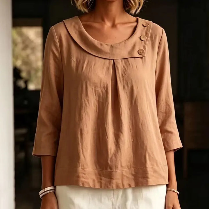 Freya | Refined Round Neck Linen Shirt with Button Detail