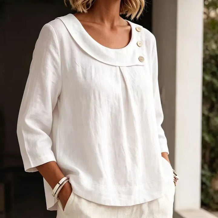 Freya | Refined Round Neck Linen Shirt with Button Detail