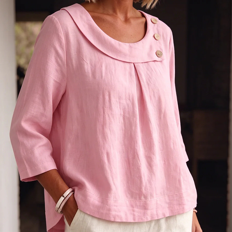 Freya | Refined Round Neck Linen Shirt with Button Detail