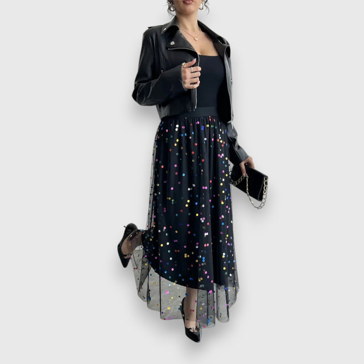 Freya | Sophisticated Polka Dot Mesh Midi Skirt