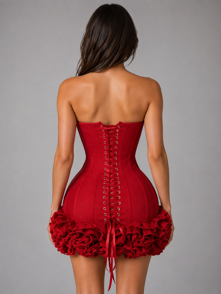 Freya | Strapless Corset Floral Ruffle Mini Christmas Dress