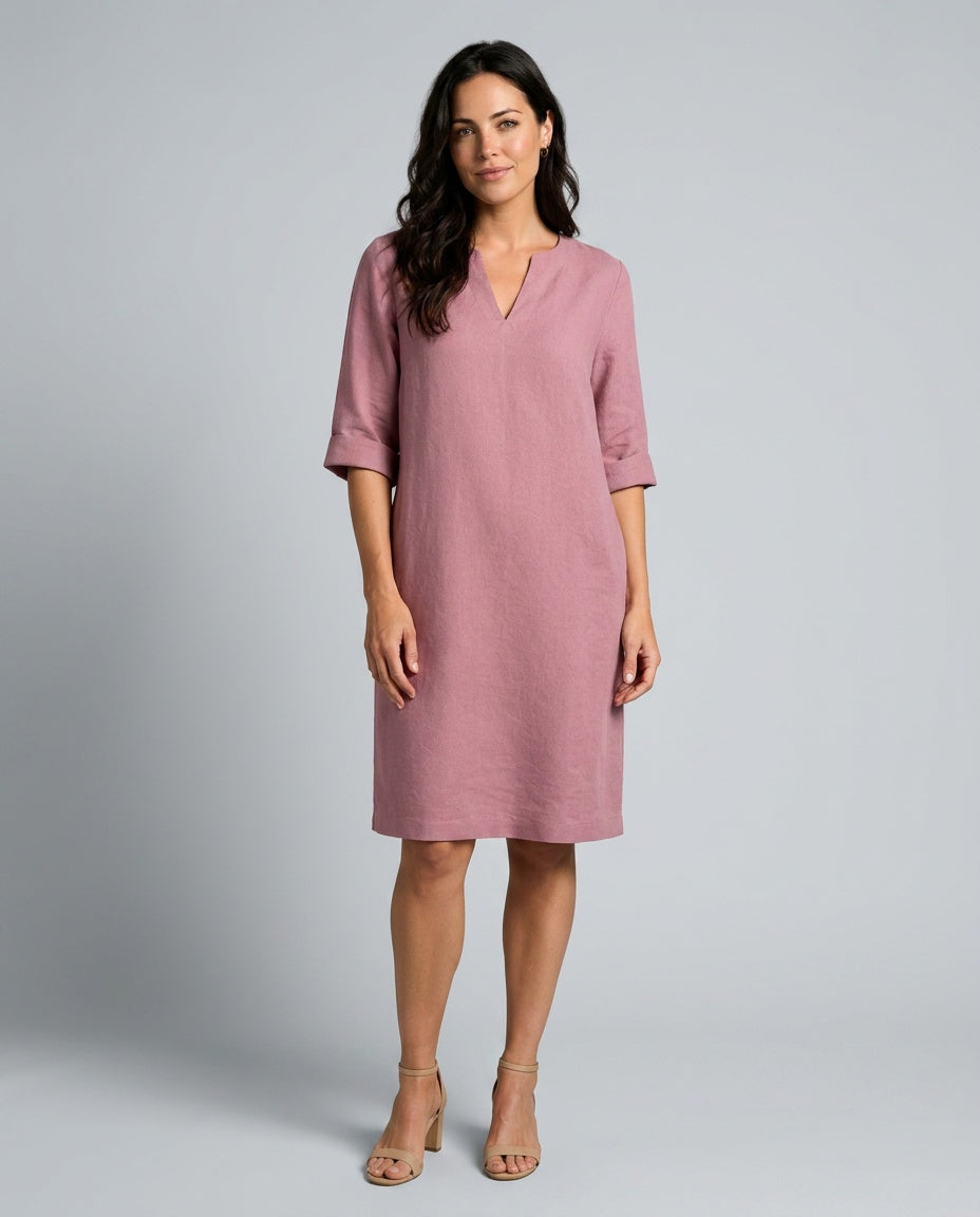 Georgia | V-Neck Knee Length Shift Linen Dress