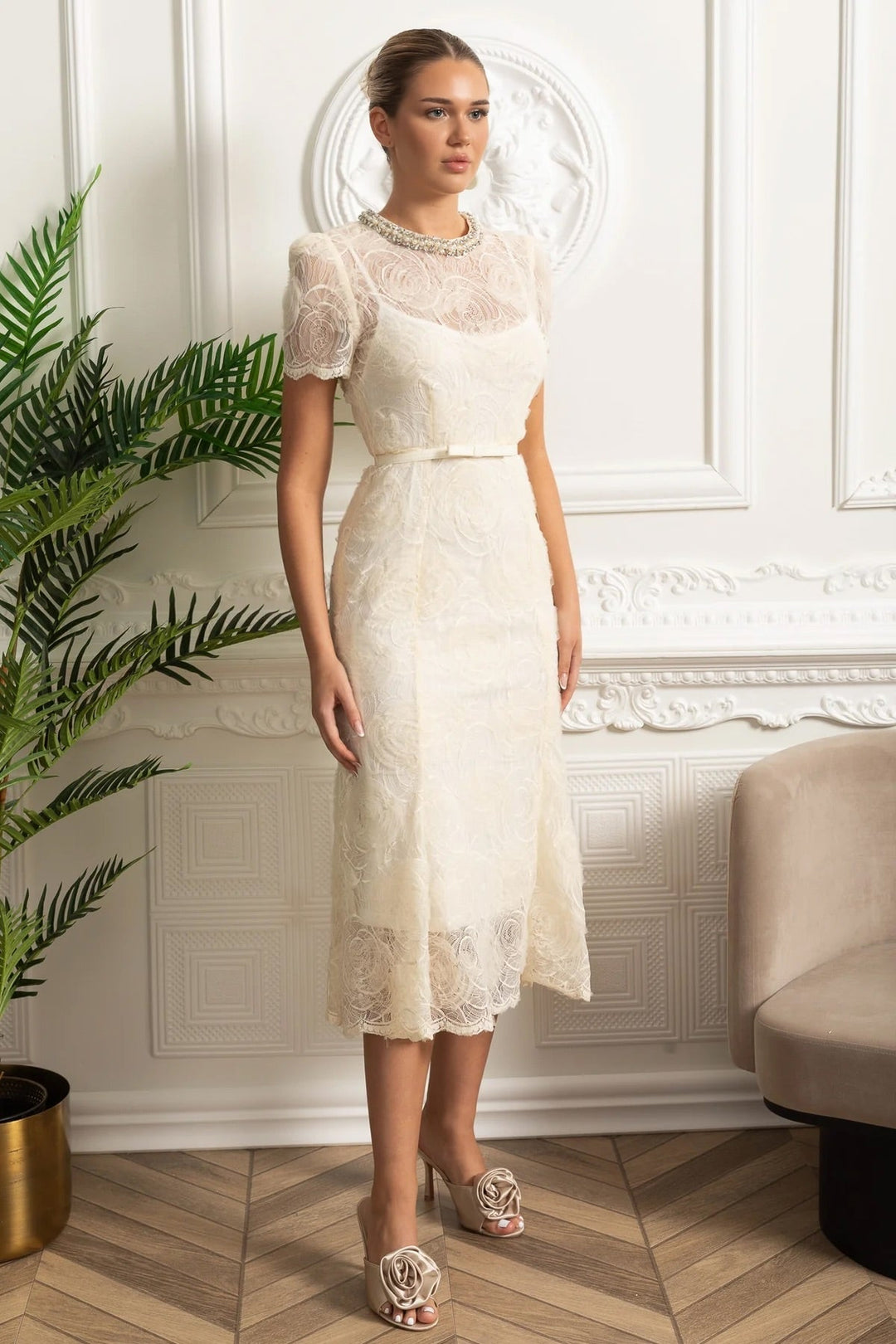 Grace | Classic Lace Belted Midi Races Dress