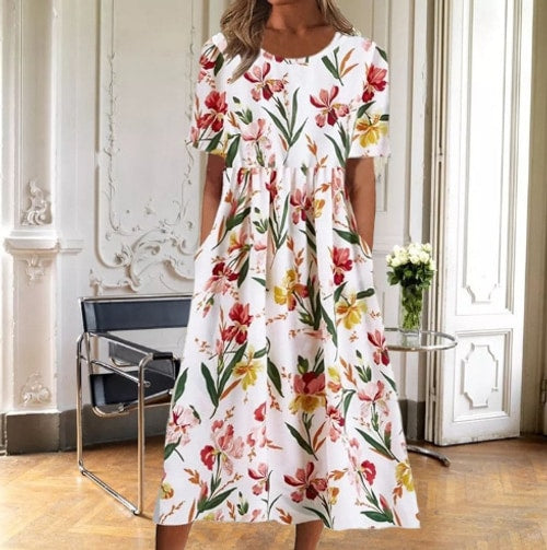 Hallie | Graceful Floral Short Sleeve Midi Boho Dress