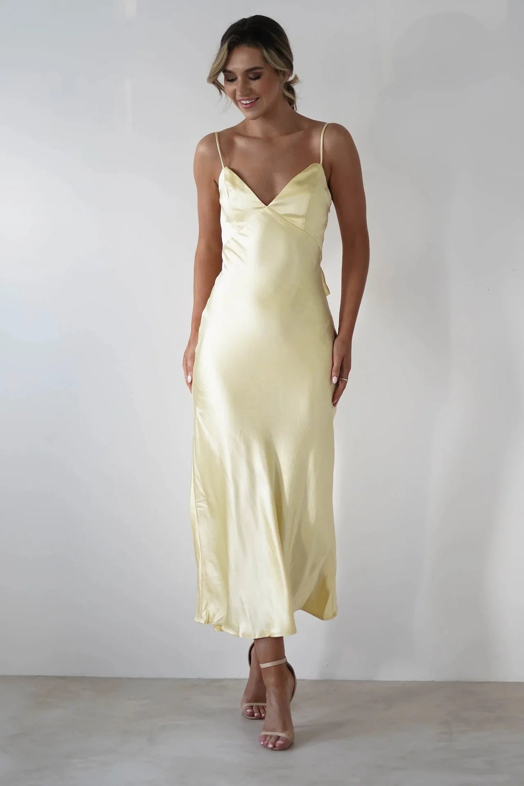 Hallie | Graceful V-Neck Satin Midi Races Dresses