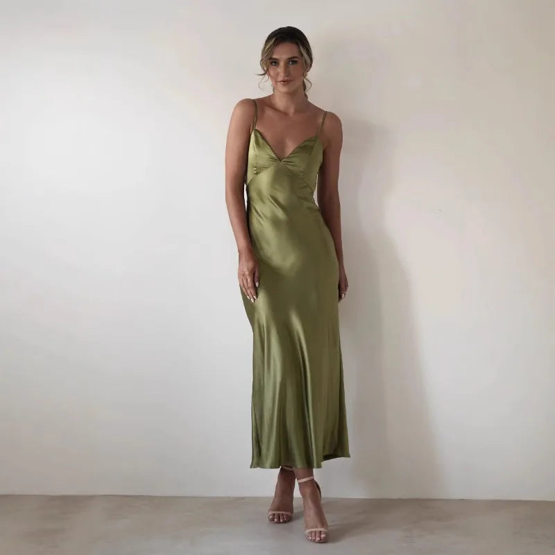 Hallie | Graceful V-Neck Satin Midi Races Dresses
