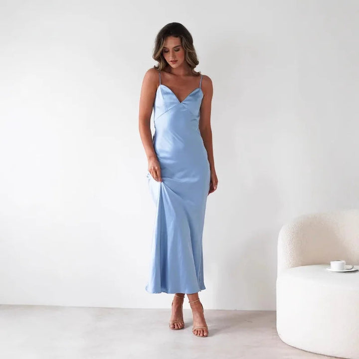 Hallie | Graceful V-Neck Satin Midi Races Dresses