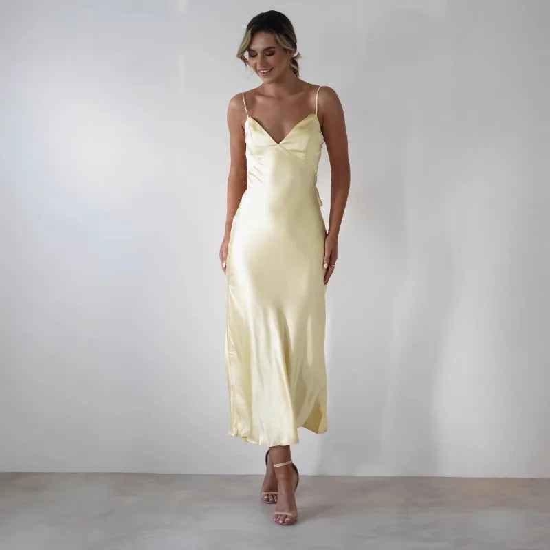 Hallie | Graceful V-Neck Satin Midi Races Dresses
