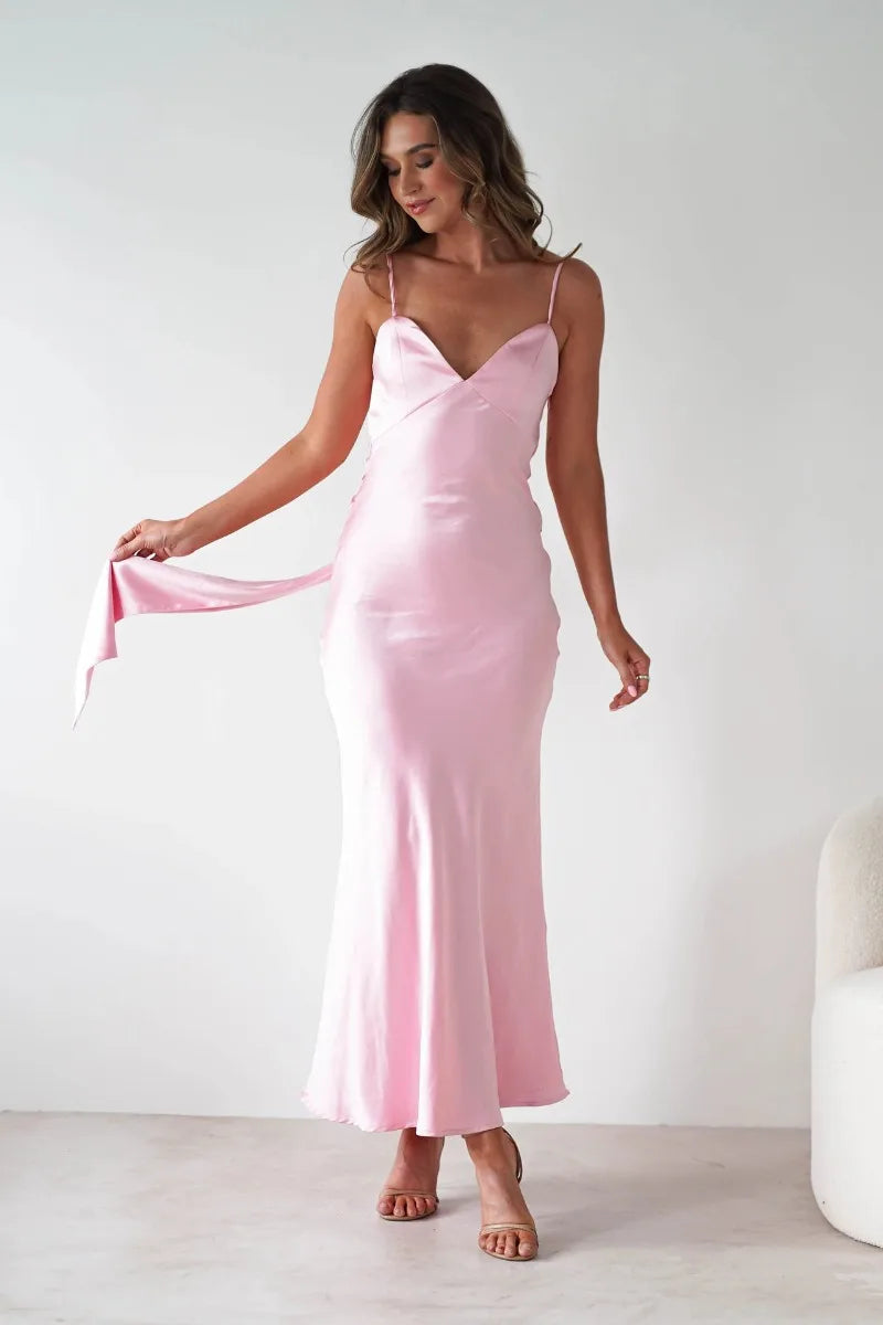 Hallie | Graceful V-Neck Satin Midi Races Dresses