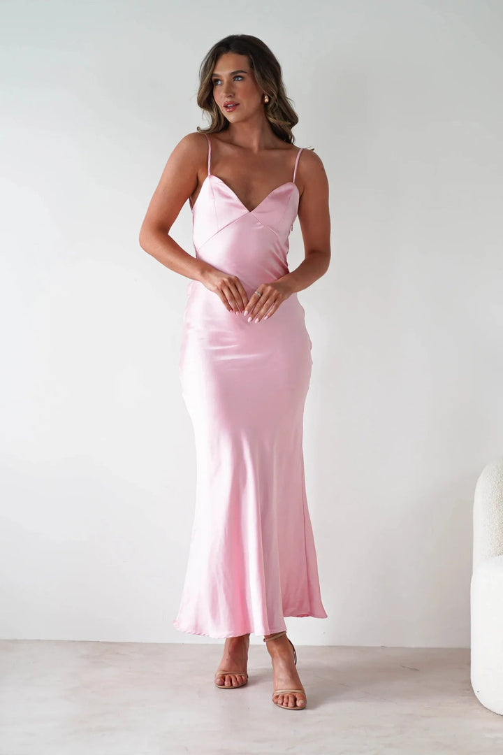 Hallie | Graceful V-Neck Satin Midi Races Dresses
