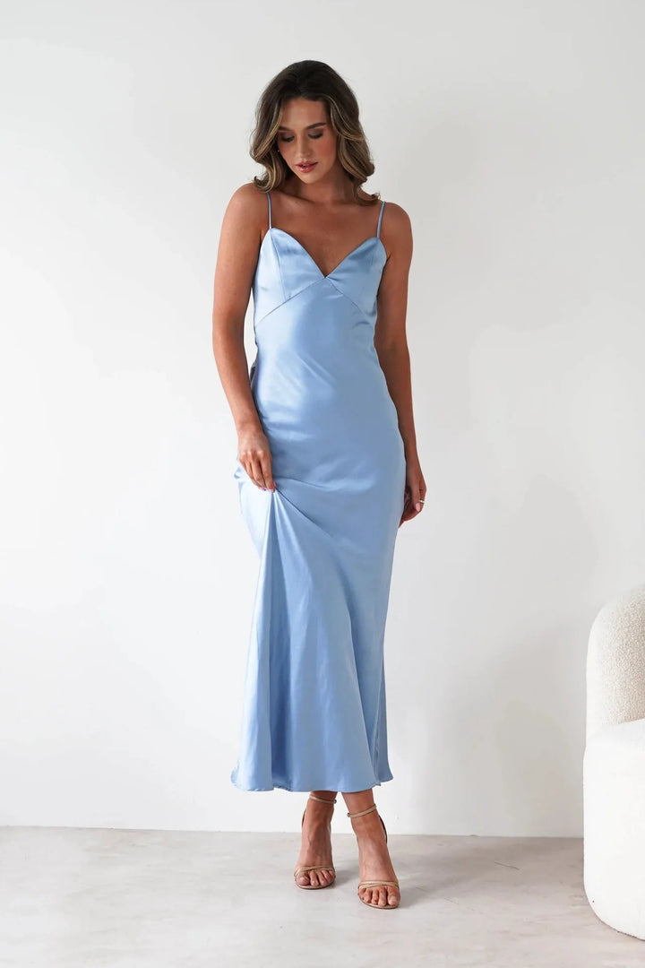 Hallie | Graceful V-Neck Satin Midi Races Dresses
