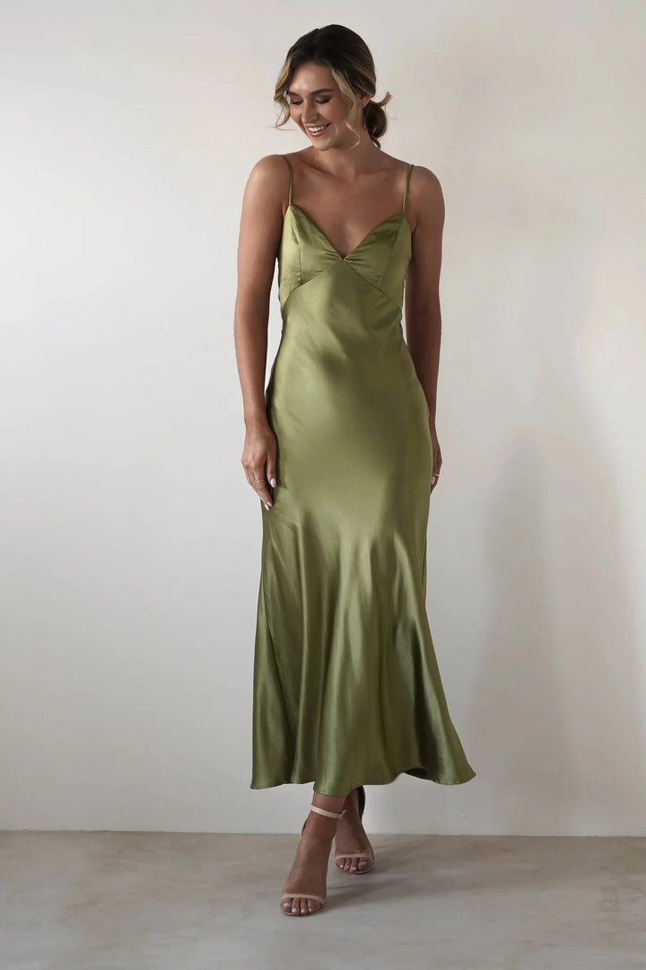 Hallie | Graceful V-Neck Satin Midi Races Dresses