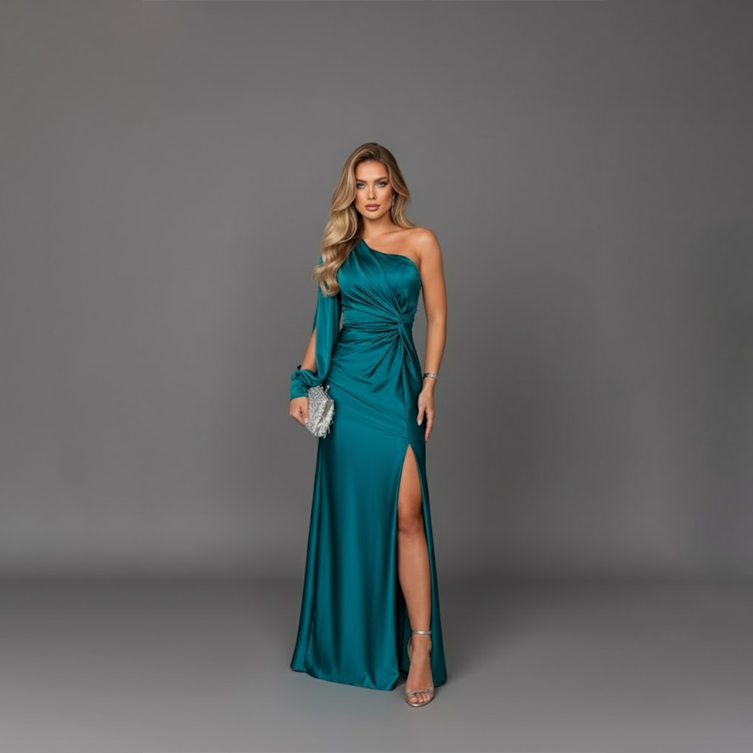 Hallie | Relaxed One-Shoulder Satin Cocktail Dress with Side Slit