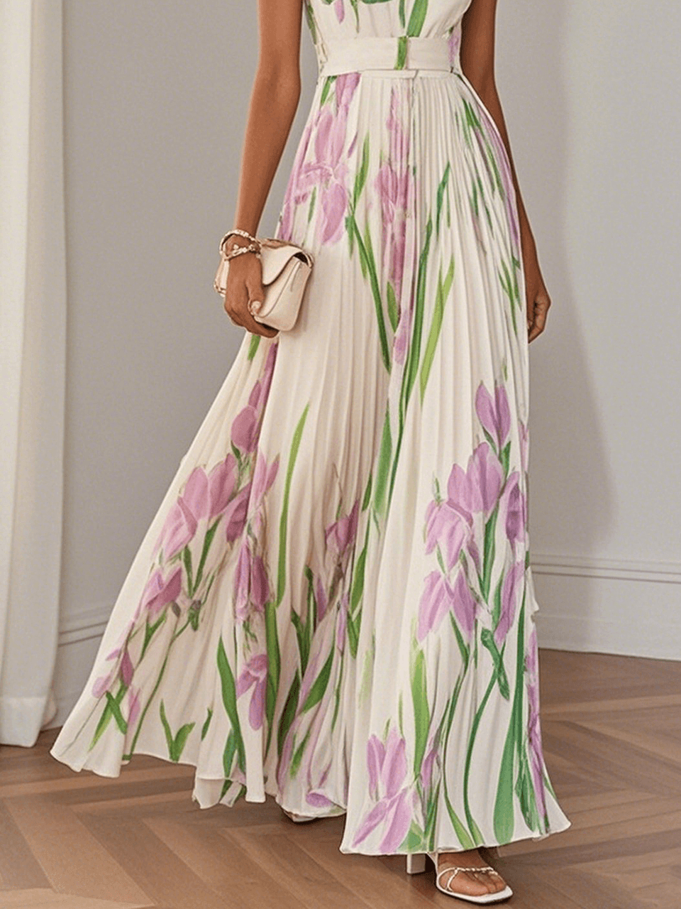 Hannah | Chic Pleated Floral Maxi Dress for Races Dresses