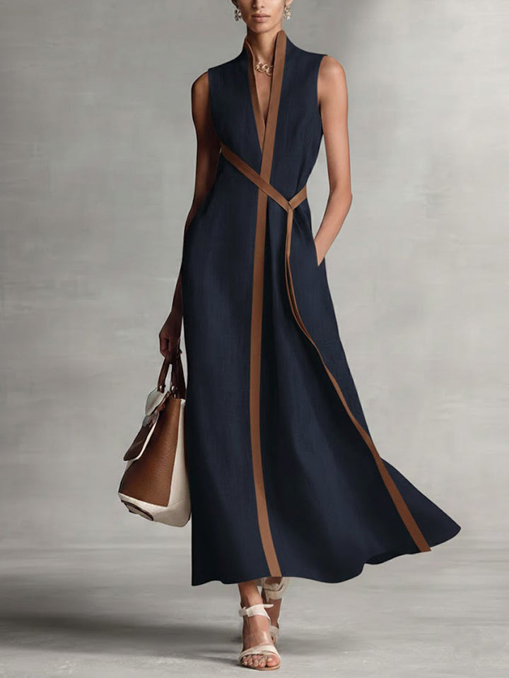 Hannah | Classic Wrap Maxi Linen Dress with Contrast Trim