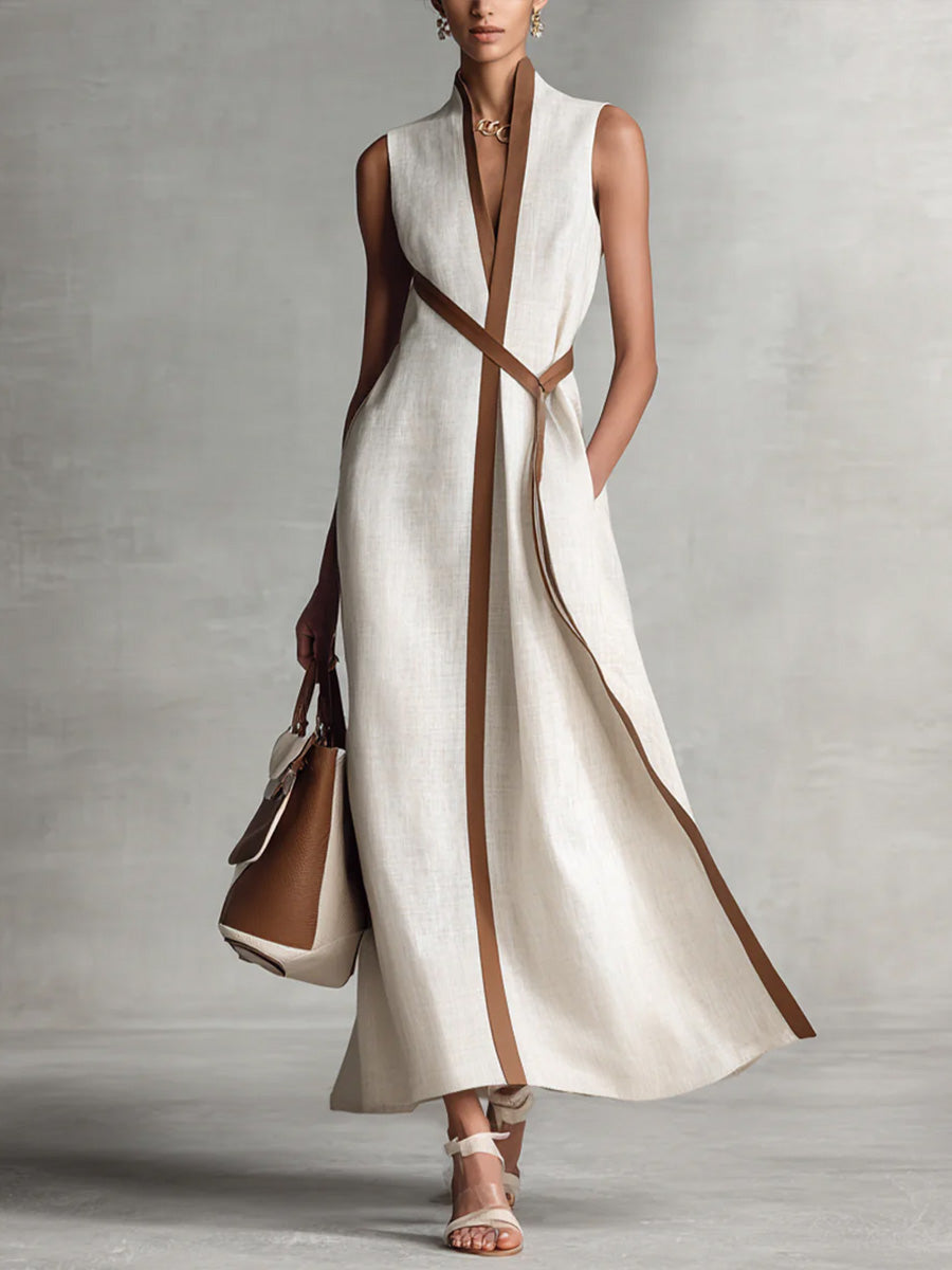 Hannah | Classic Wrap Maxi Linen Dress with Contrast Trim