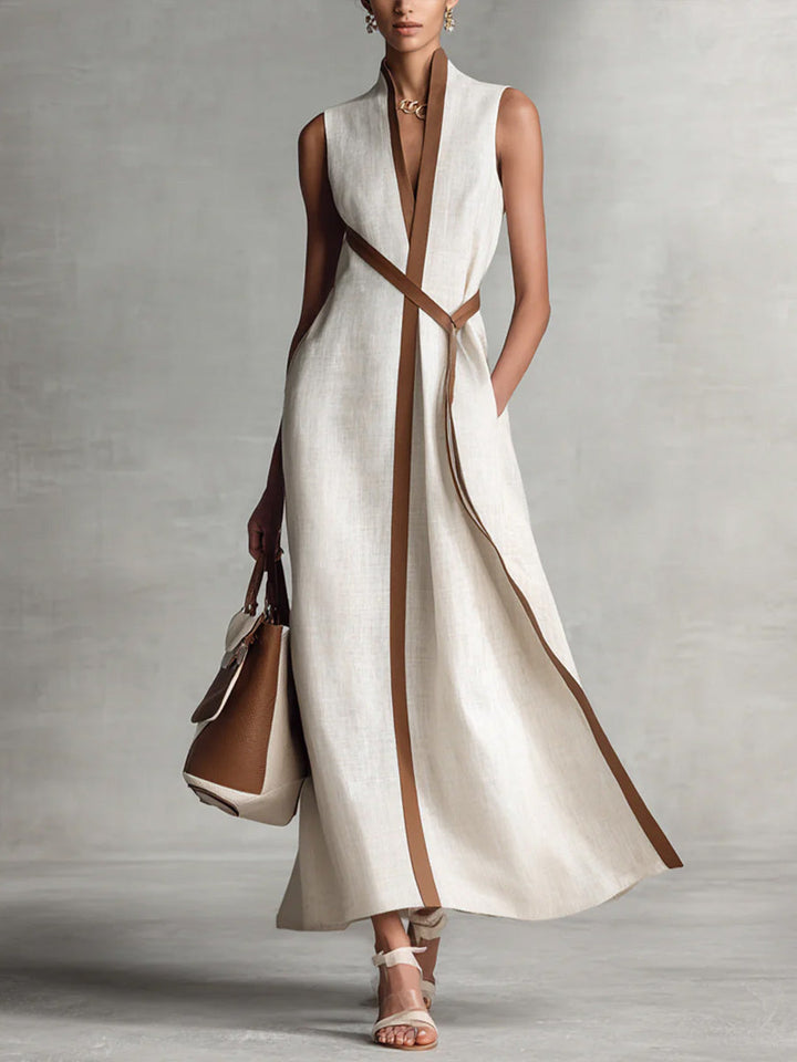 Hannah | Classic Wrap Maxi Linen Dress with Contrast Trim
