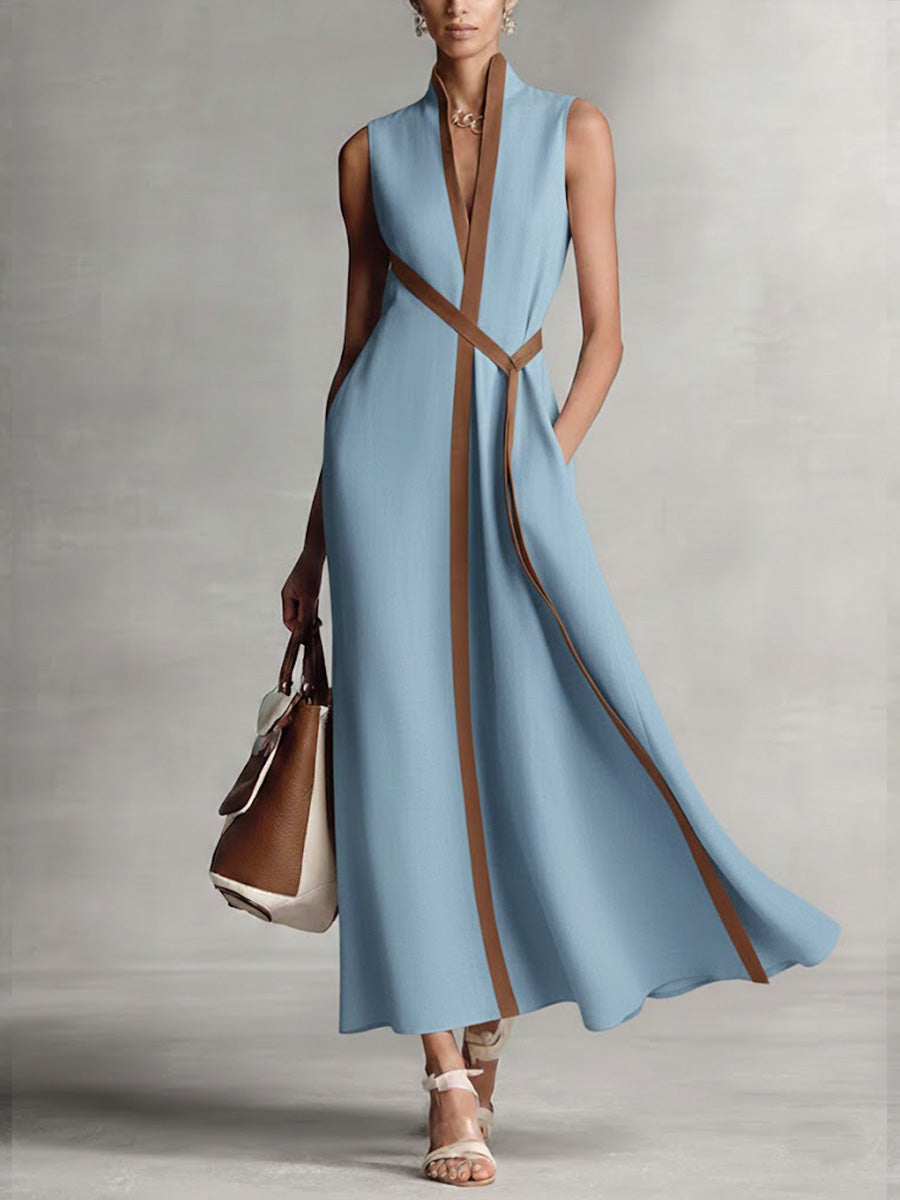 Hannah | Classic Wrap Maxi Linen Dress with Contrast Trim