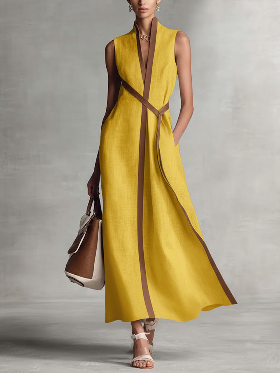 Hannah | Classic Wrap Maxi Linen Dress with Contrast Trim
