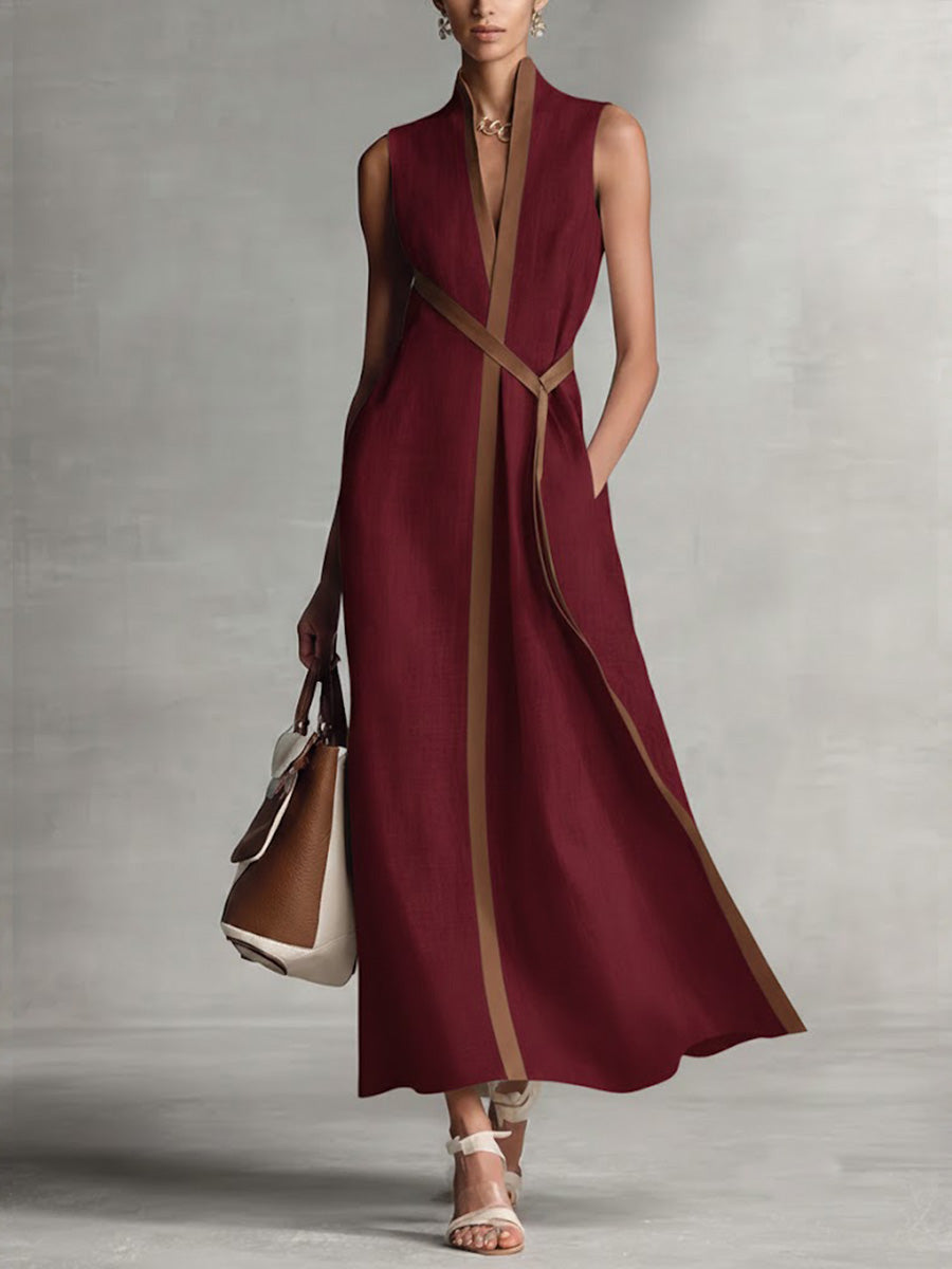 Hannah | Classic Wrap Maxi Linen Dress with Contrast Trim