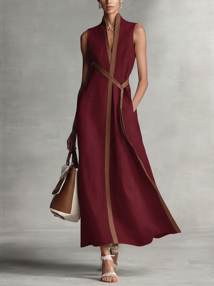 Hannah | Classic Wrap Maxi Linen Dress with Contrast Trim