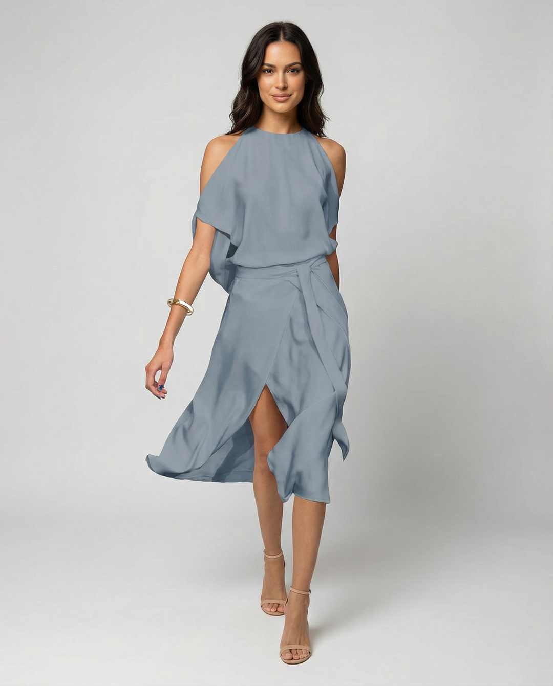 Hannah | Polished Cold Shoulder Wrap Races Midi Dress