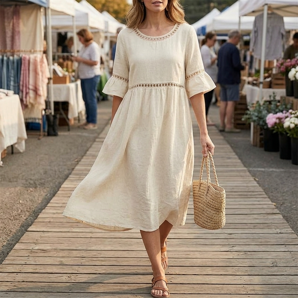 Harper | Lace Trim Midi Linen Dress