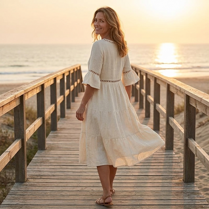 Harper | Lace Trim Midi Linen Dress