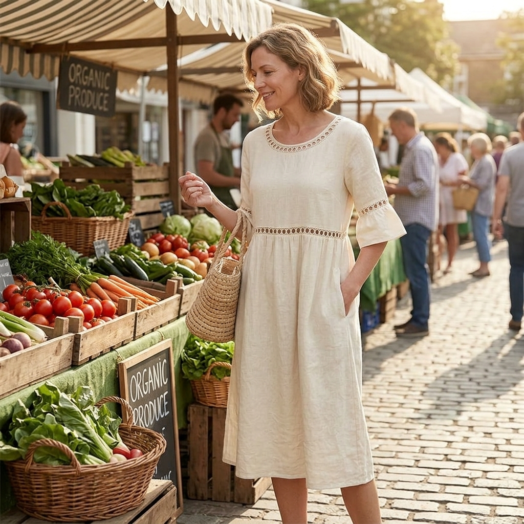 Harper | Lace Trim Midi Linen Dress