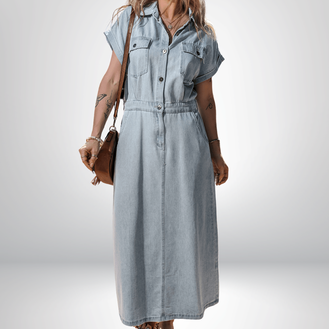 Harper | Sophisticated Belted Denim Shirt Midi Dress