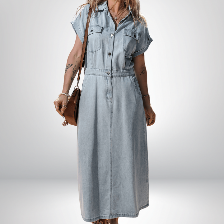 Harper | Sophisticated Belted Denim Shirt Midi Dress