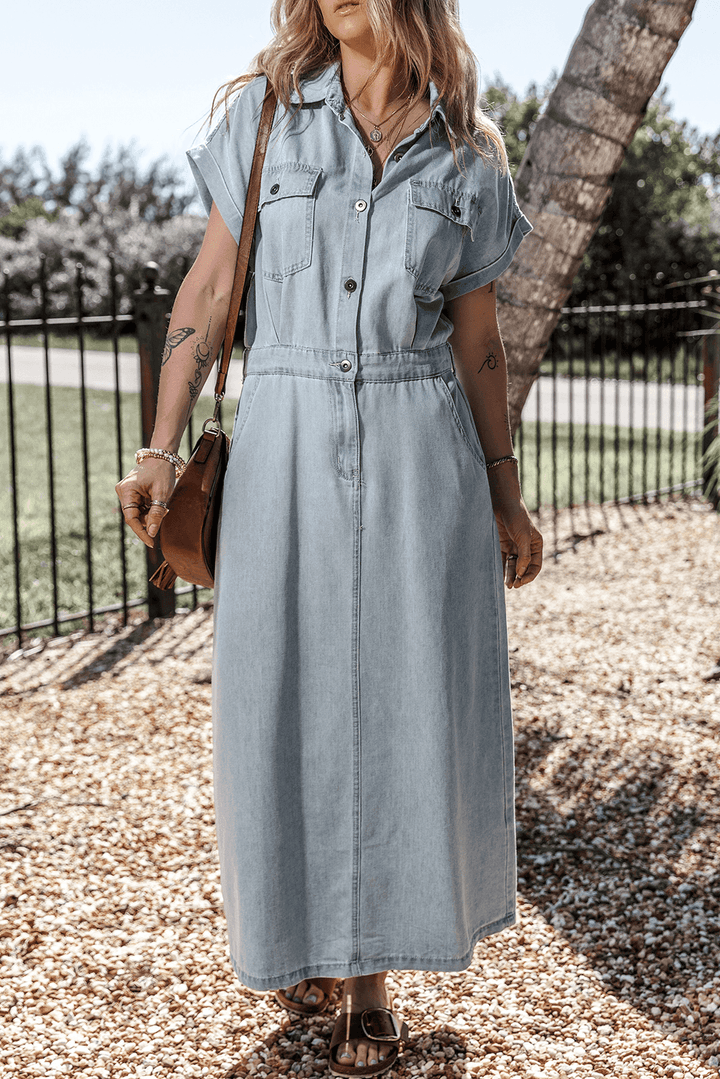 Harper | Sophisticated Belted Denim Shirt Midi Dress
