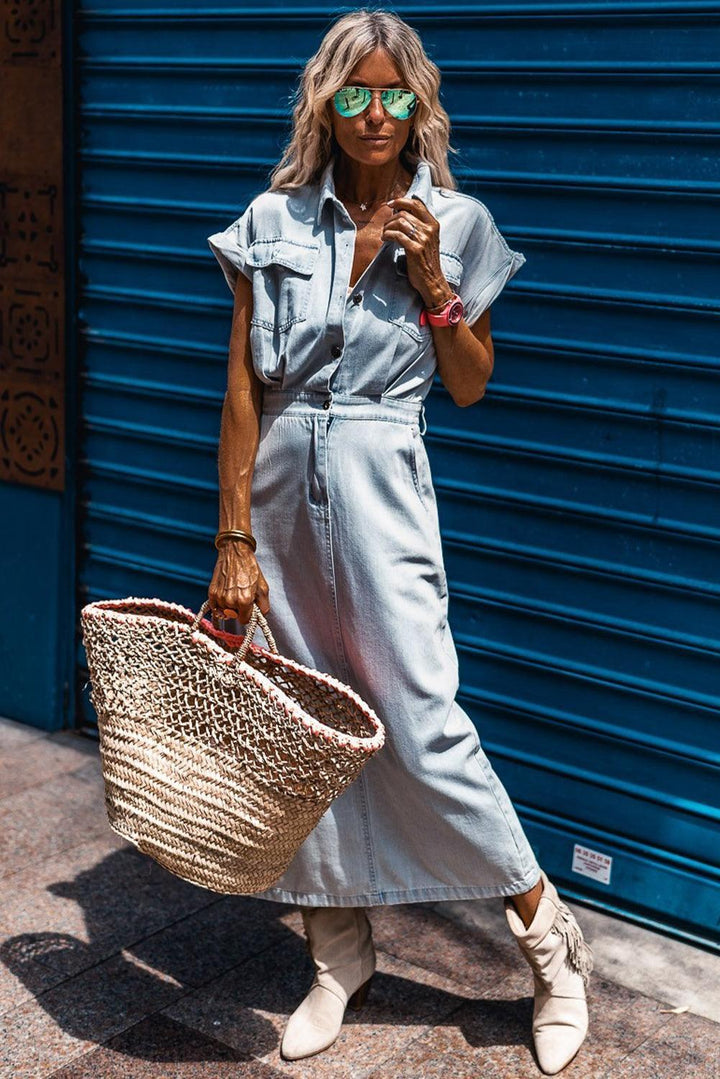 Harper | Sophisticated Belted Denim Shirt Midi Dress