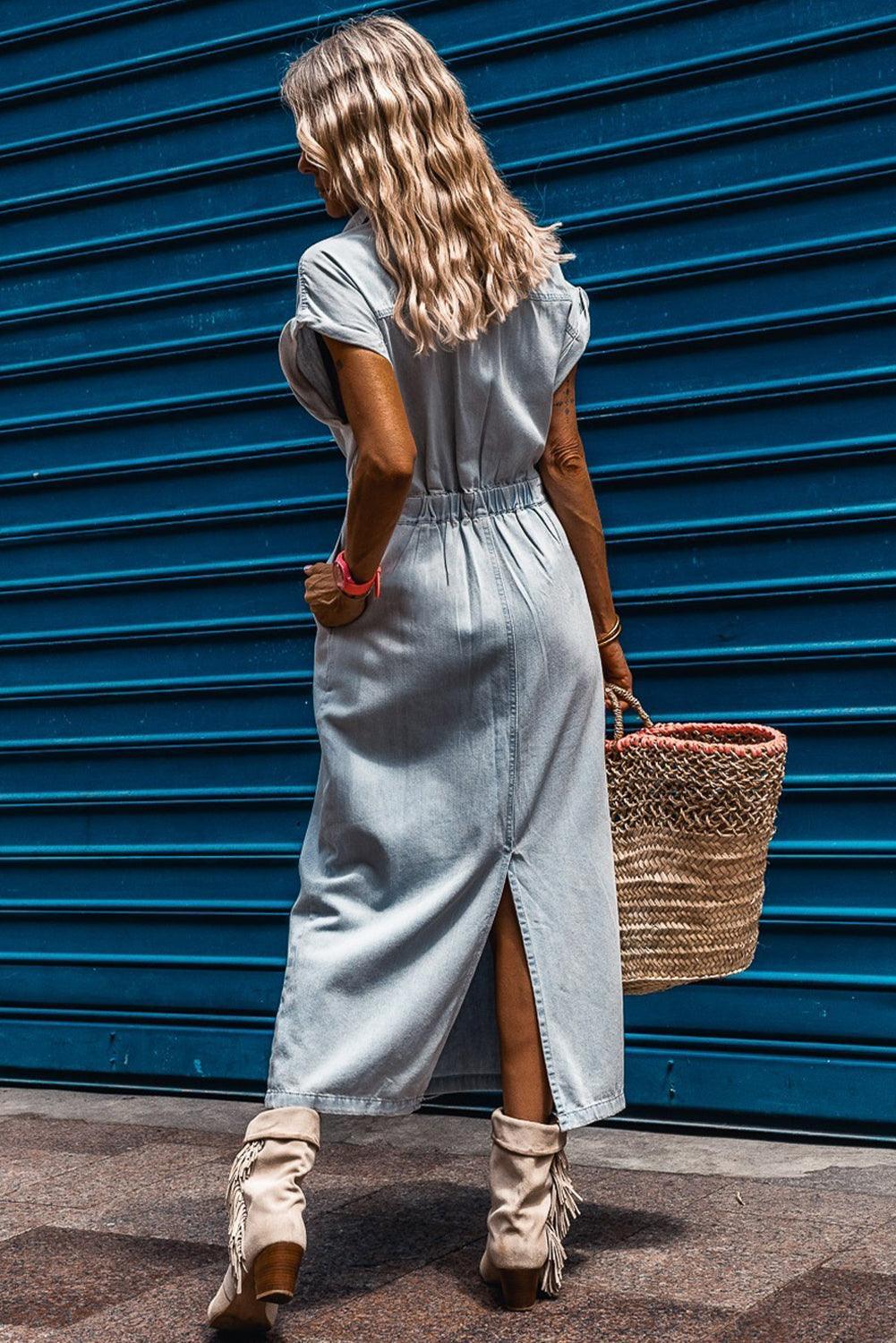 Harper | Sophisticated Belted Denim Shirt Midi Dress